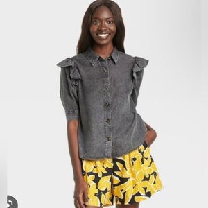 Who What Wear (Target) Gray Ruffle Button-Up Top